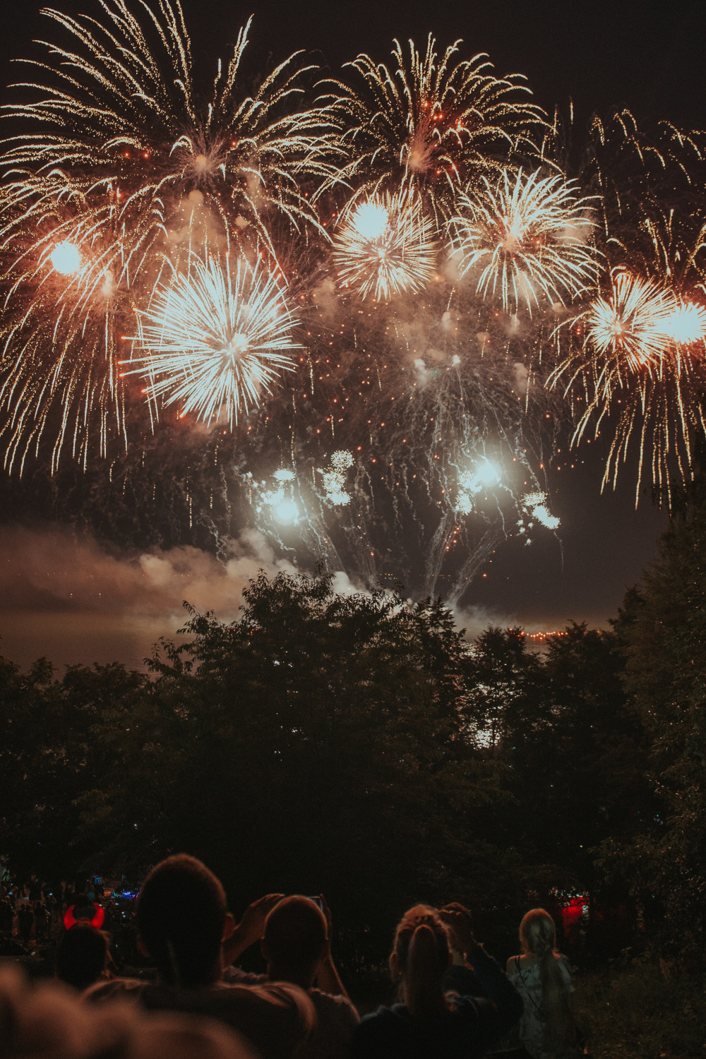 Feuerwerk am Nachthimmel und mit Zuschauern im Vordergrund.